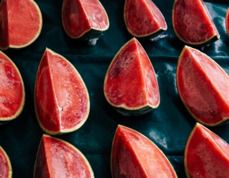 flat lay photography of slices of red watermelon